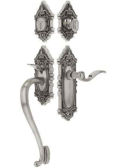 Grandeur Grande Victorian Thumblatch Entrance Set With Bellagio Lever - Left-Handed in Antique Pewter.